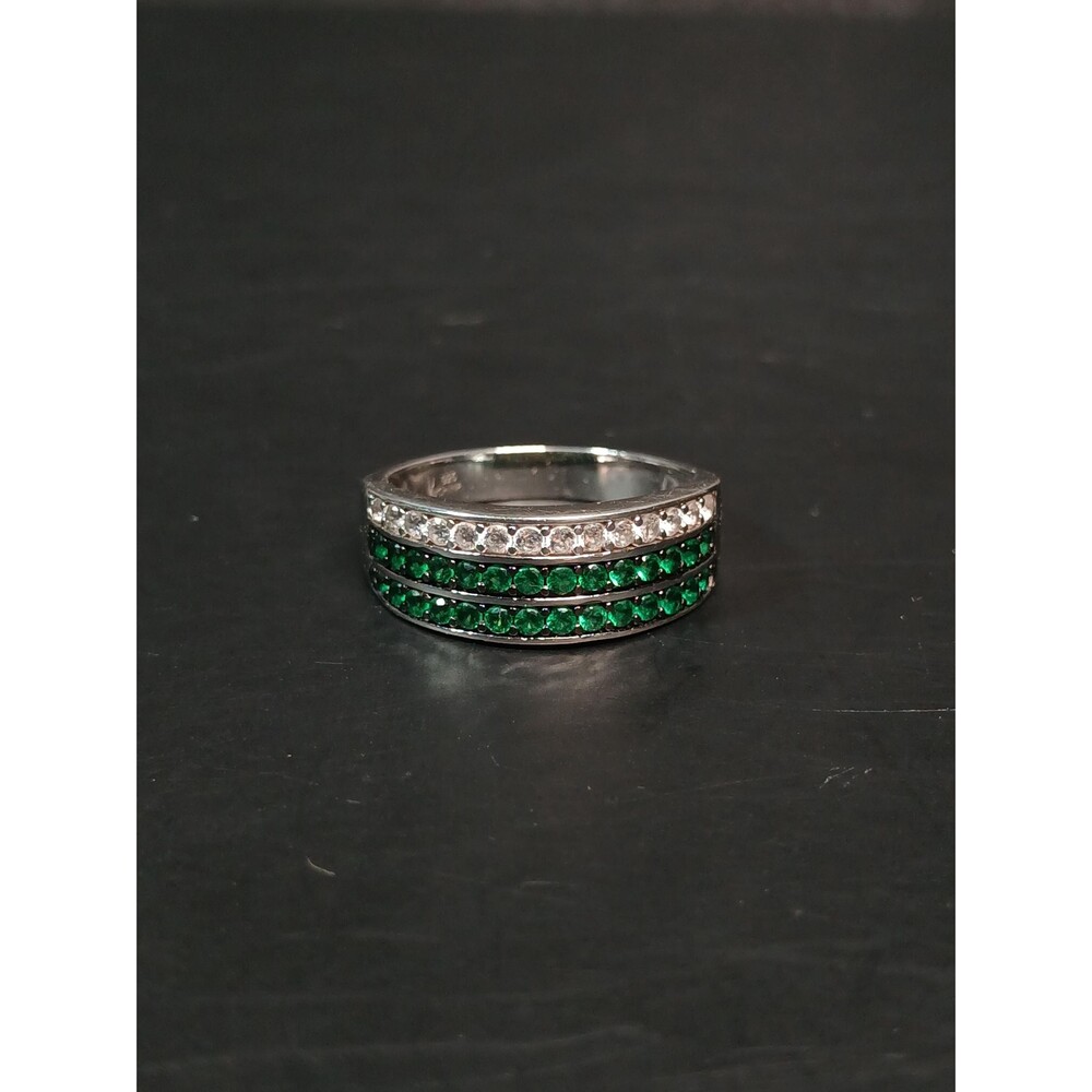 Sterling Silver Green Clear Glass Triple Row Ring Size 9